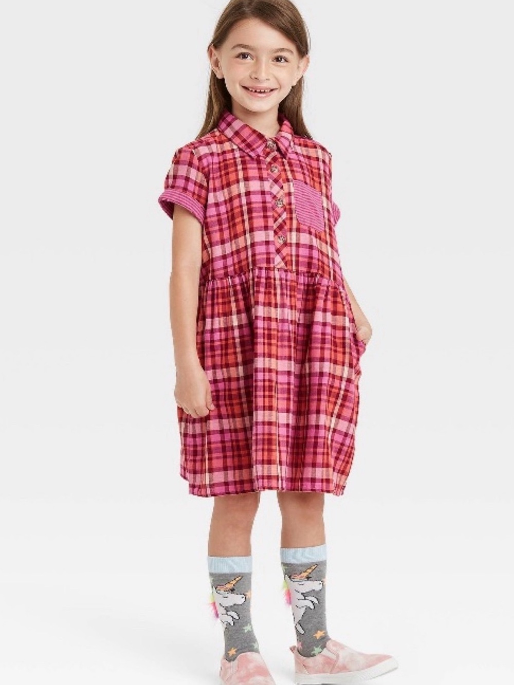Cat & Jack Pink and Purple Plaid Short-Sleeve Shirt Dress